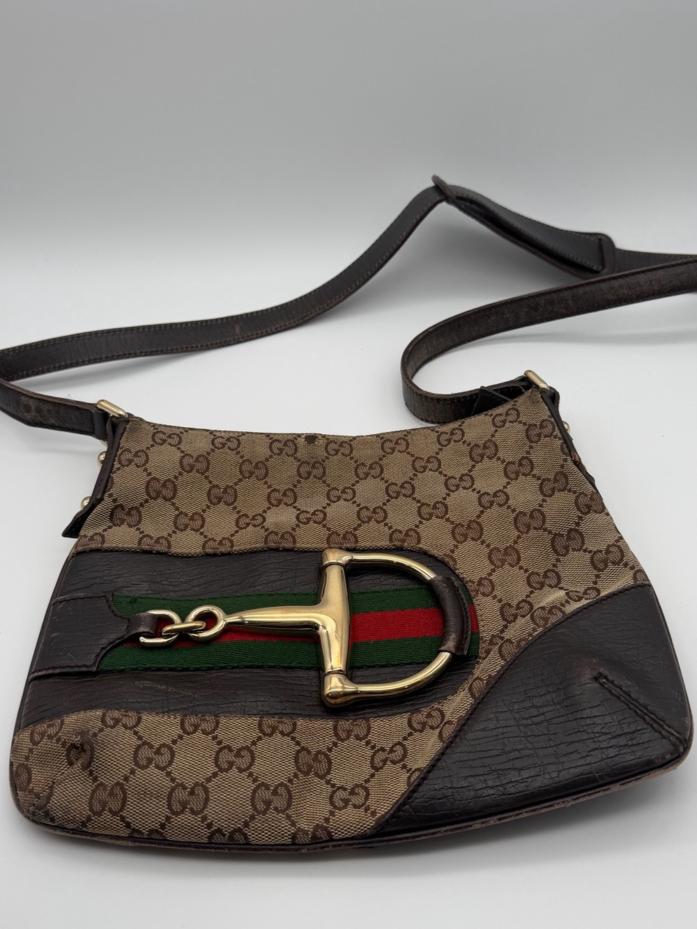 Y2K Vintage Gucci Hassler Monogram Horsebit shoulder bag brown web with COA